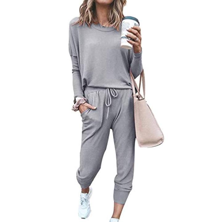 2 stuks trainingspak voor dames, voor sport, casual, fitnessstudio, sexy, meisjes, dames, effen, lange mouwen, elegant, fitness trainingspak van katoen - grijs - M 