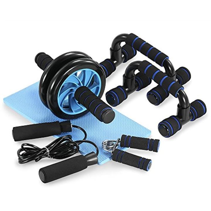 Buikroller AB Roller buiktrainer fitnessset voor buiktraining thuis en in fitnessstudio's met kniemat buikspiertraining en spieropbouw, voor beginners en voortgang (Blauw) 