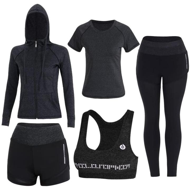 Dames 5-delige set Stretch Tights Sport Yoga Trainingspak XL  Zwart