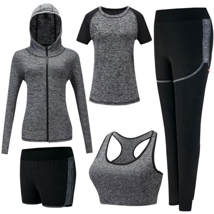 Dames 5-delige set Stretch Tights Sport Yoga Trainingspak S  Grijs