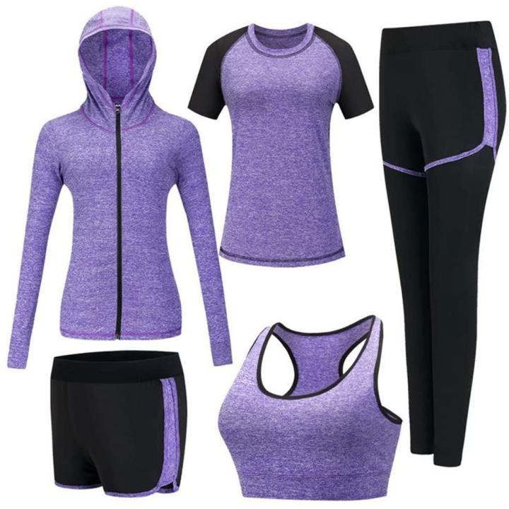 Dames 5-delige set Stretch Tights Sport Yoga Trainingspak M  Paars