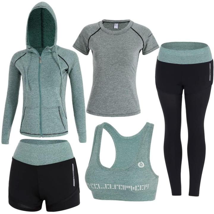 Dames 5-delige set Stretch Tights Sport Yoga Trainingspak L  Groen