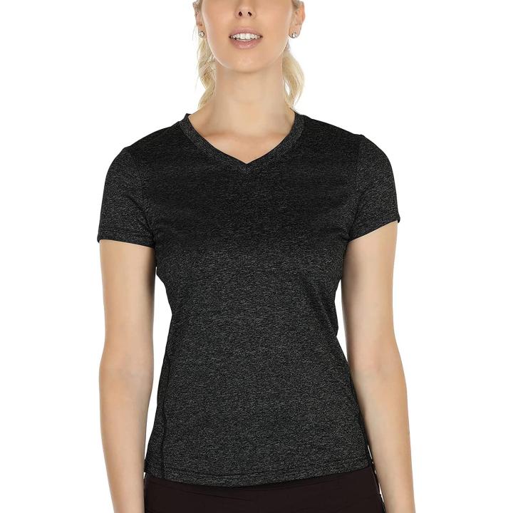 Dames sportshirt loopshirt V-hals ademend fitness yoga T-shirt gym bovenstuk korte mouwen XL  Zwart