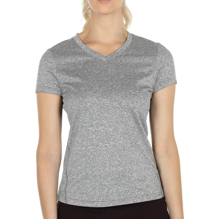 Dames sportshirt loopshirt V-hals ademend fitness yoga T-shirt gym bovenstuk korte mouwen XL  Grijs