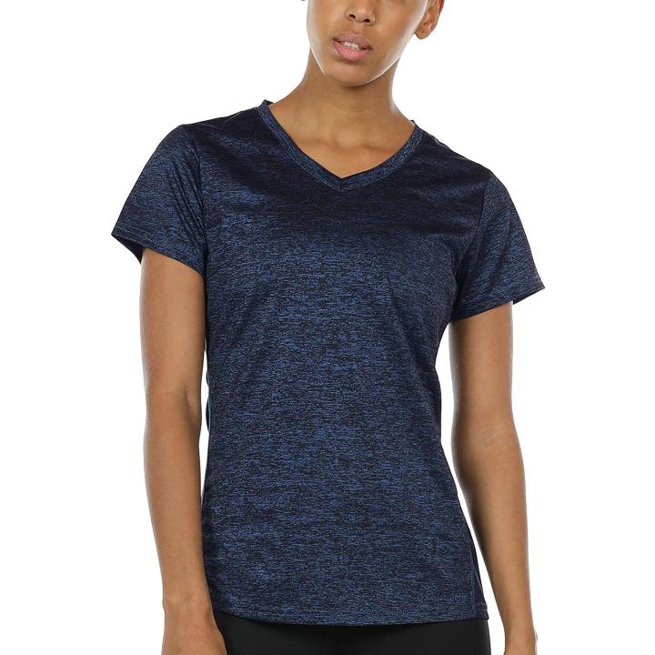 Dames sportshirt loopshirt V-hals ademend fitness yoga T-shirt gym bovenstuk korte mouwen L  koningsblauw