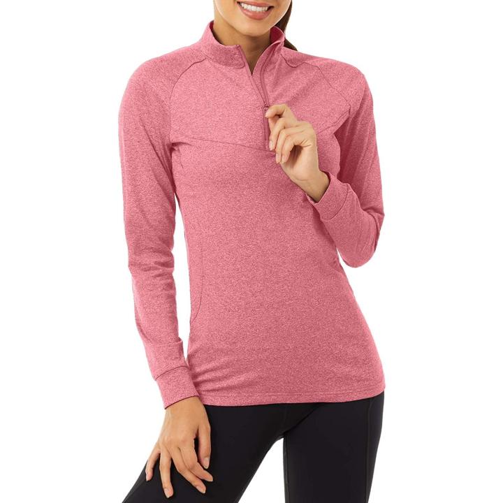 Dames hardloopshirts met lange mouwen lichtgewicht workout tops met 14 rits kraag voor lente herfst Roze  S