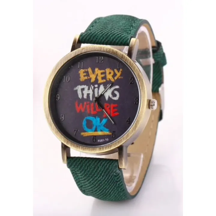 Hidzo Horloge Every Thing Will Be Ok Ø 37 mm - Groen - Kunstleer