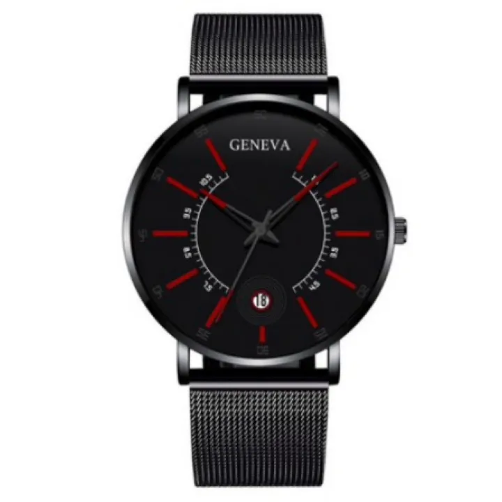 Hidzo Horloge Geneva - Met Datumaanduiding - Ø 40 mm - Zwart/Rood - Staal