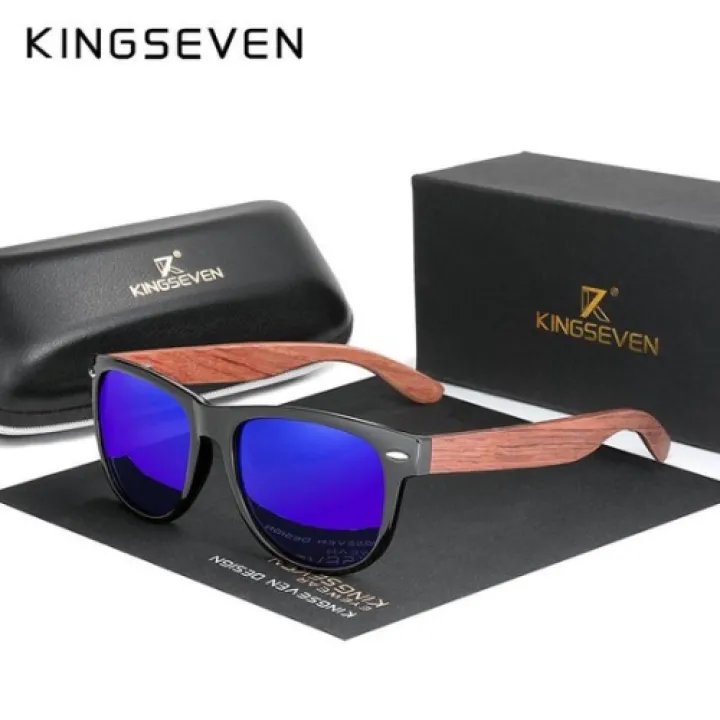 KingSeven Zonnebril Heren - Dark Blue Wayfarer Bamboo UV400 en Polarisatie filter