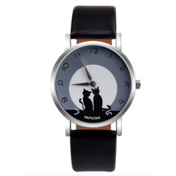 Hidzo Horloge Paphitak Katten - Ø 37 mm - Zwart - Kunstleer