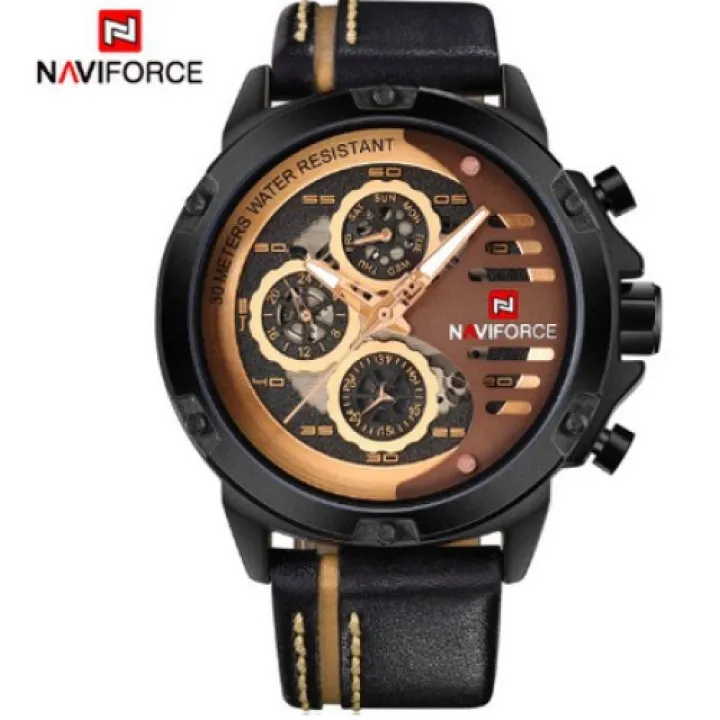 Hidzo Horloge Naviforce Ø 47 mm - Zwart/Bruin - Inclusief horlogedoosje