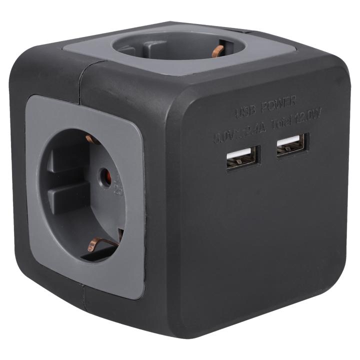 PowerCube stekkerdoos zwart | 4-voudig met 2 USB