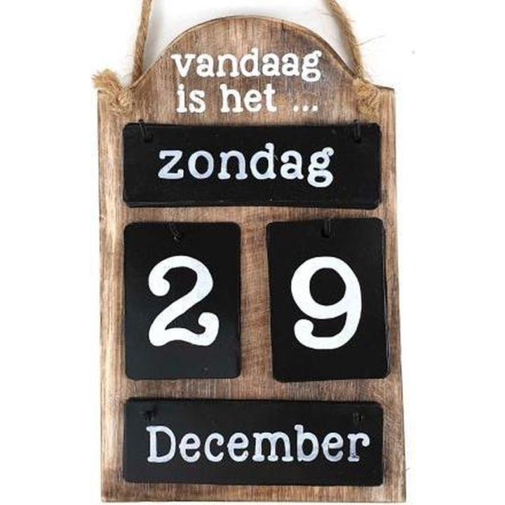 Kalender van hout met metalen plaatjes - Naturel, zwart, wit - 25cm