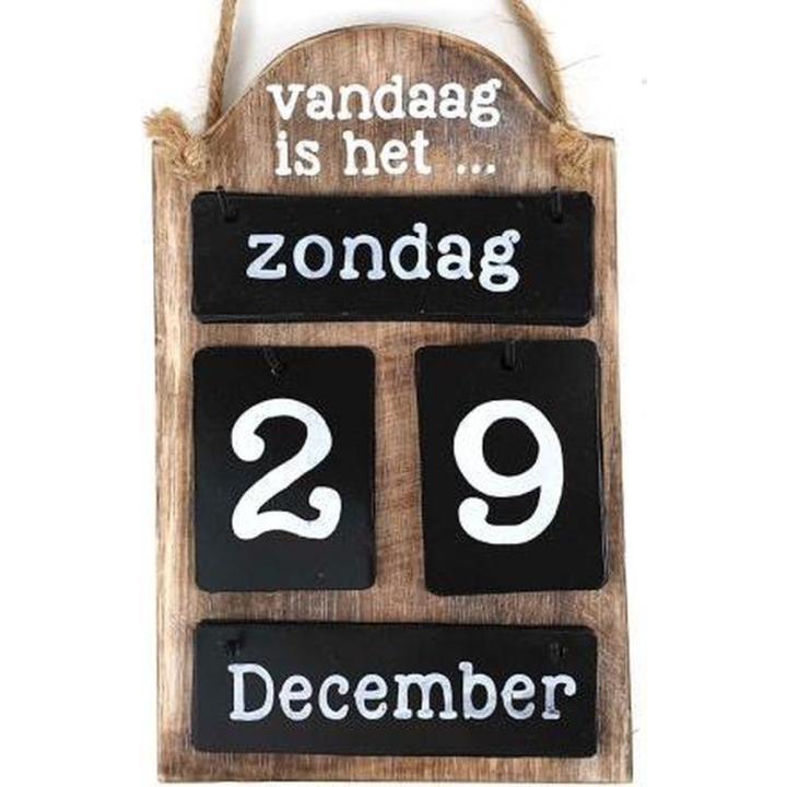 Kalender van hout met metalen plaatjes - Naturel, zwart, wit - 25cm