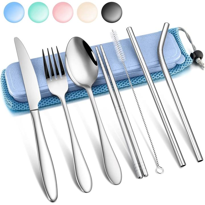 Campingbestek roestvrijstaal - 9-delig, draagbaar, vaatwasmachinebestendig, campingbestek - Zilver/Blauw