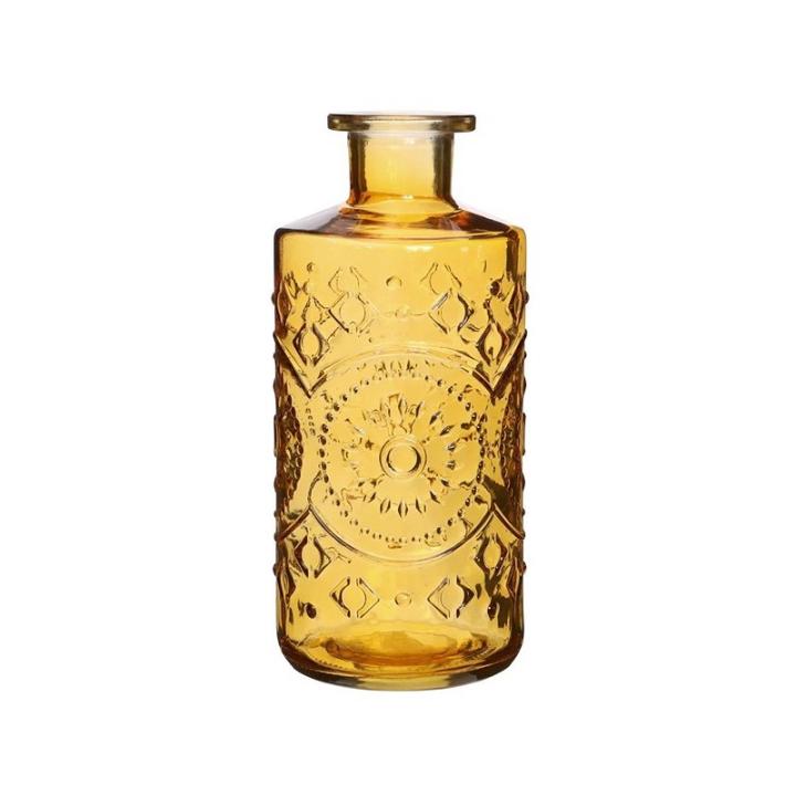 Prachtige fles 21cm hoog geel/amber glas kristal motief vaas