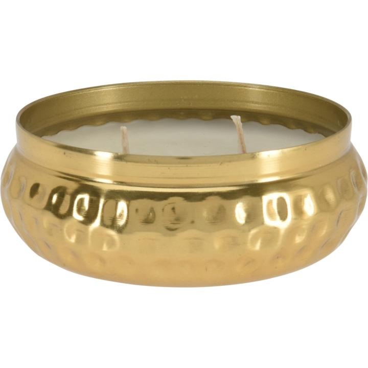 Kaars in gouden schaal 9.5 x 9.5 cm met 2 lonten