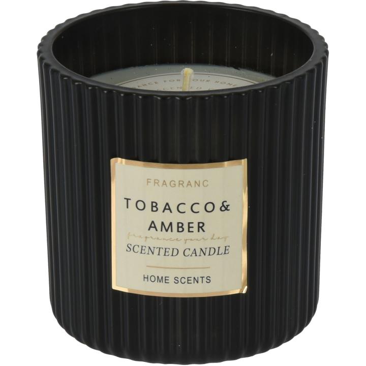 Geurkaars Tabacco & Amber in zwart ribbelglas 9x9cm