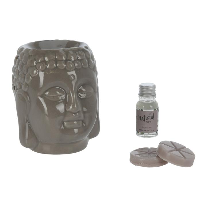 Waxwarmer taupe keramische Buddha cadeauset - geur: Bamboo