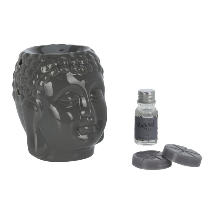 Waxwarmer grijs keramische Buddha cadeauset - geur: Lotus