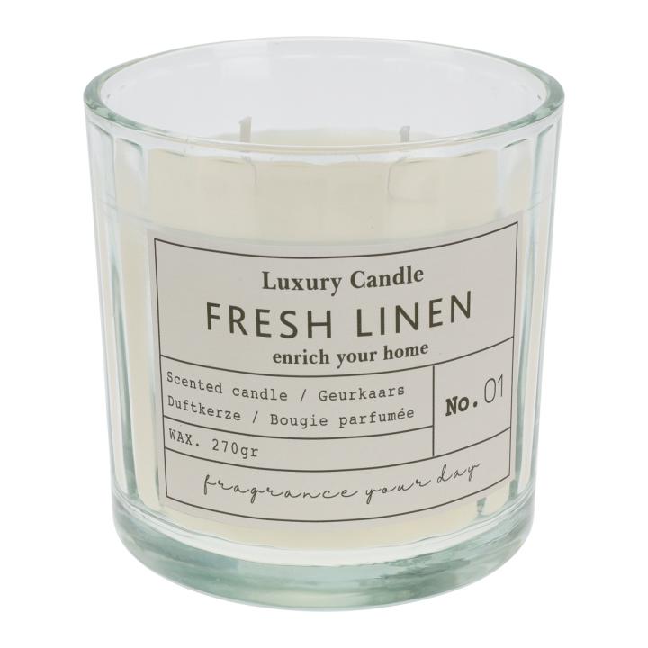 Geurkaars FRESH LINEN in glazen pot met deksel 10x10cm