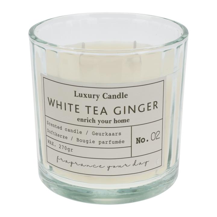Geurkaars WHITE TEA GINGER in glazen pot met deksel 10x10cm