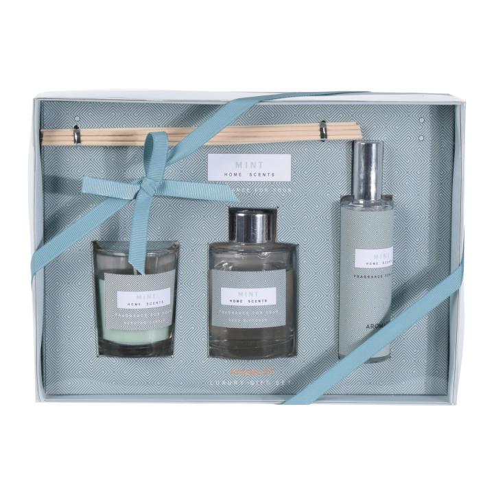 Cadeauset Fresh Lemon & Mint met geurstokjes geurkaars en roomspray in stijlvolle cadeauverpakking