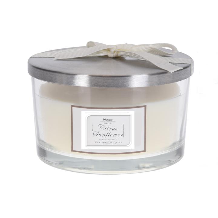 Geurkaars CITRUS SUNFLOWER in glazen pot met zilverkleurige deksel