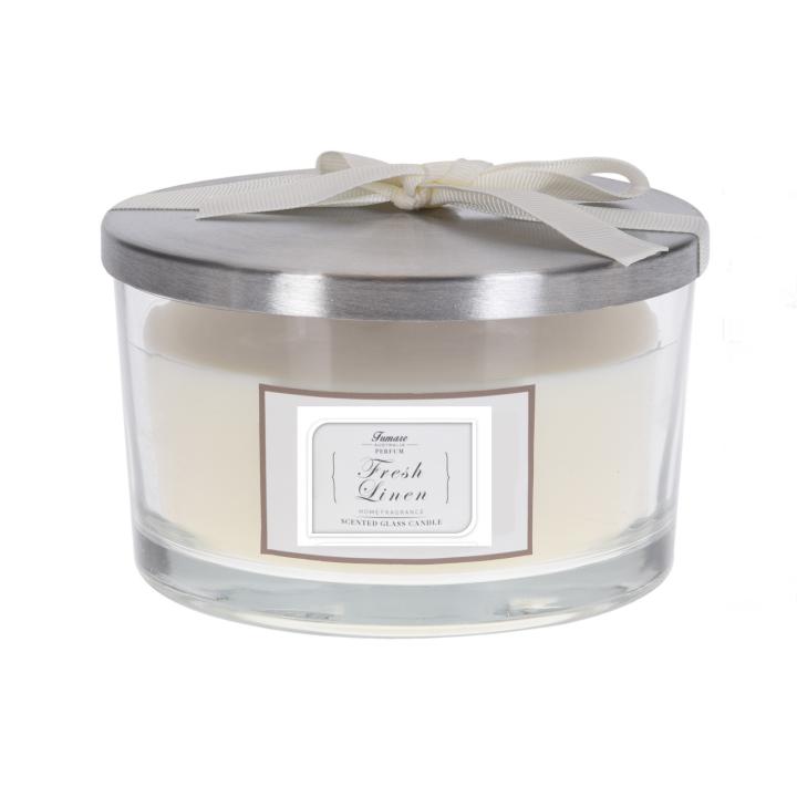 Geurkaars FRESH LINEN in glazen pot met zilverkleurige deksel