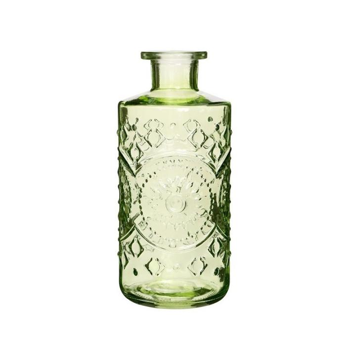 Prachtige fles 21cm hoog groen glas kristal motief vaas