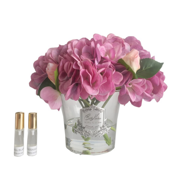 Kunstbloemen Hortensia en Rozen Pink in glazen vaas - Cote Noire (LHRB04)