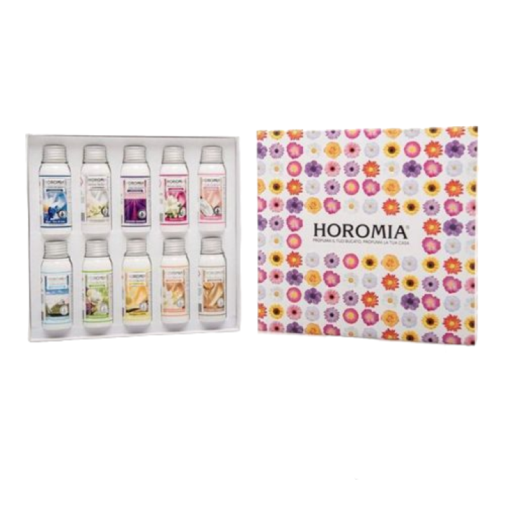 Wasparfum cadeaupakket met 10 flesjes van 50ml in bloemen verpakking - Horomia