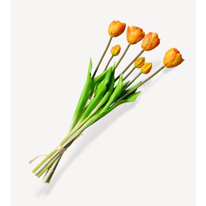 Kunst Tulpen Oranje x7 bundel - Real Touch - Luxe zwarte Vaas