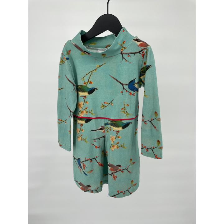 Jurk Lange Mouw Groen Blauw met Vogels Maat 104