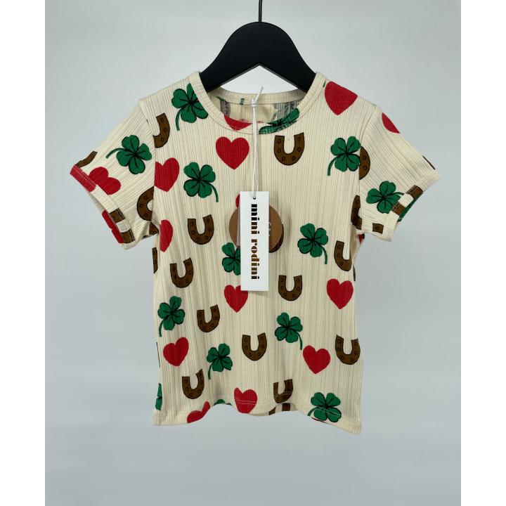 T-shirt Beige Hartjes Klavertjes Hoefijzers Print - 92 / 98 - Nieuw