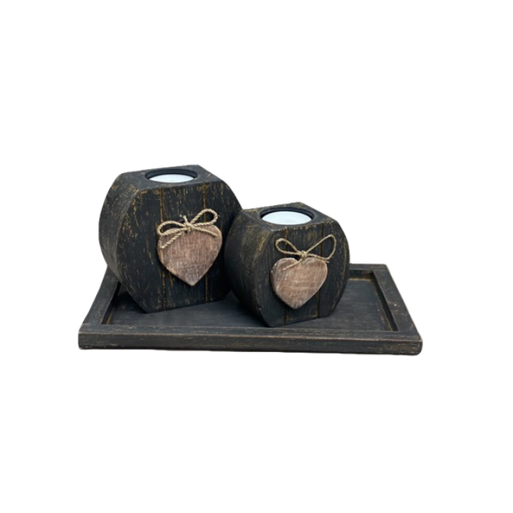 Woodart Waxinehouder Set Hart  2x op Onderschaal Zwart/Goud