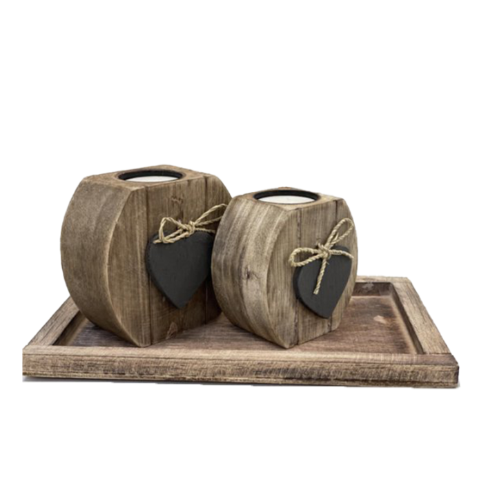 Woodart Waxinehouder Set Hart  2x op Onderschaal Naturel