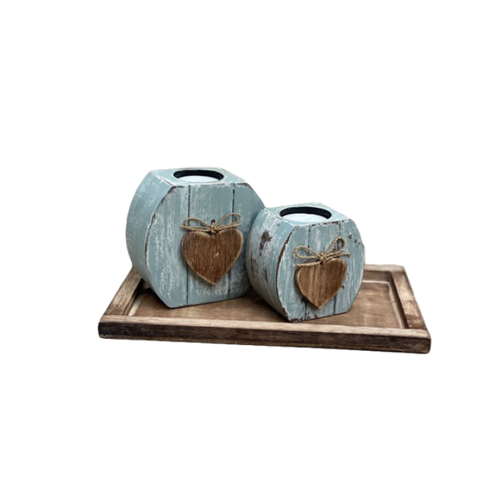 Woodart Waxinehouder Set Hart  2x op Onderschaal Zeeblauw-Naturel