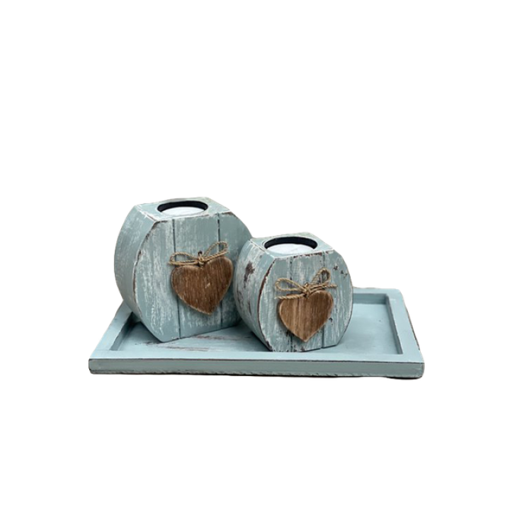 Woodart Waxinehouder Set Hart  2x op Onderschaal Zeeblauw