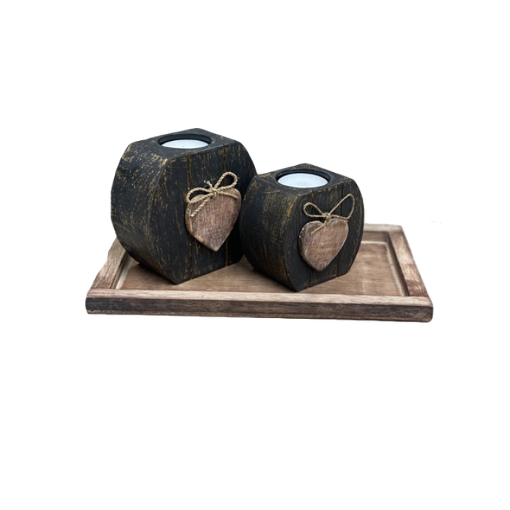 Woodart Waxinehouder Set Hart  2x op Onderschaal Zwart-Goud Naturel