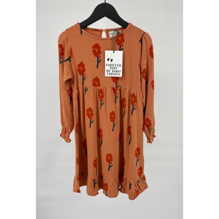 Jurk Lange Mouwen Oranje met Bloemetjes Print - 104 / 110 - Nieuw