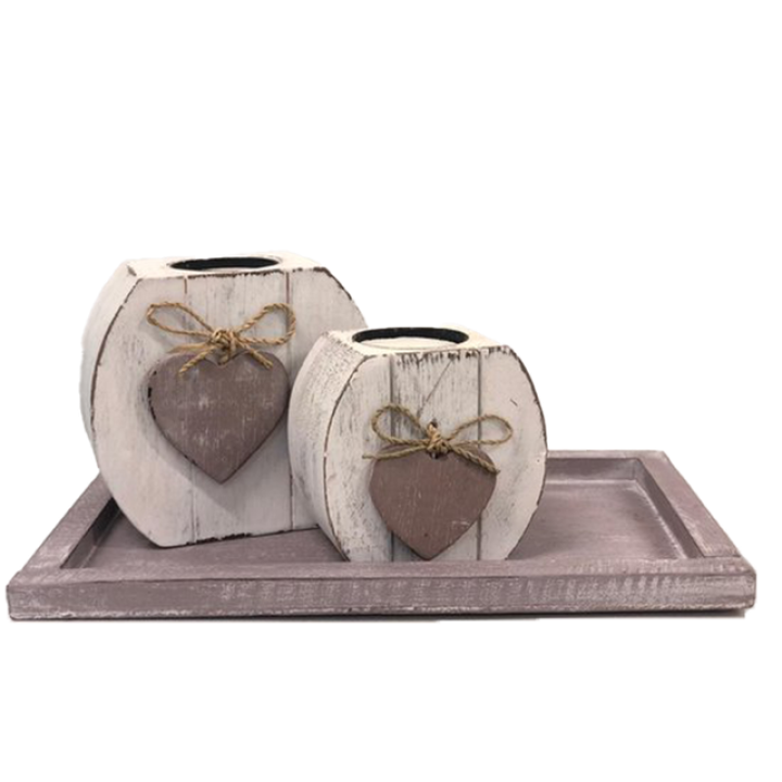 Woodart Waxinehouder Set Hart  2x op Onderschaal Taupe