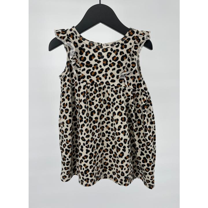 Jurkje Beige Mouwloos Luipaard Print Roesjes Maat 80