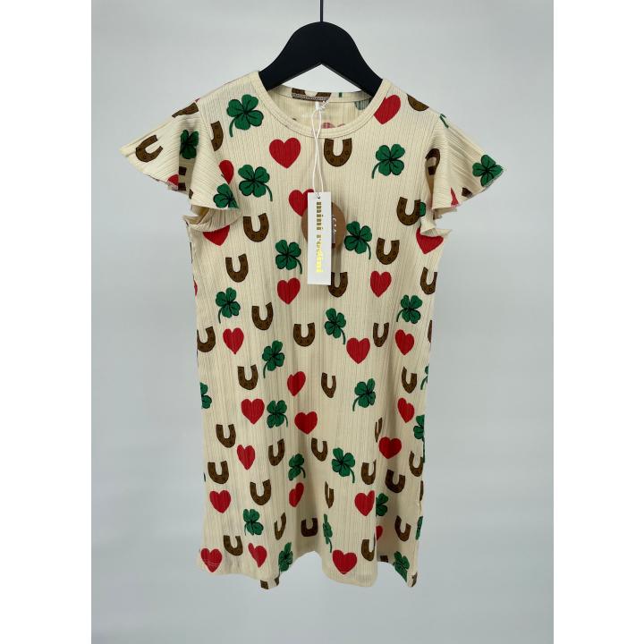 Jurk Beige Hartjes Klavertjes Hoefijzer Print - 116 / 122 - Nieuw
