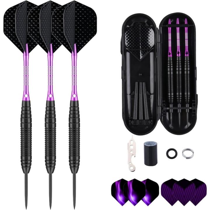 Professionele 3-pack 22g, 23g, 24g, 27g stalen tip dartset met dartstengels vluchten + 50 stuks rubberen O-ringen + 12 stuks veerringen + 1 stuks dartslijper gereedschap voor dartbord - 03-22 gram - paars