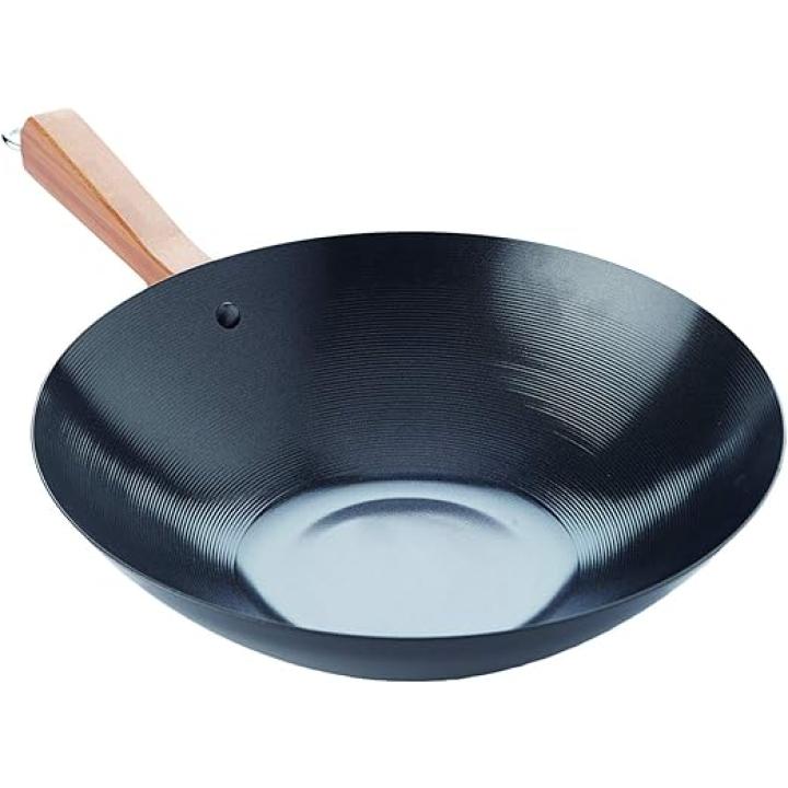 Point-Virgule Wokpan - Carbonstaal - Met Anti-aanbaklaag - Met Bamboe Handvat - 30cm - 50 x 31 x 8,4 cm