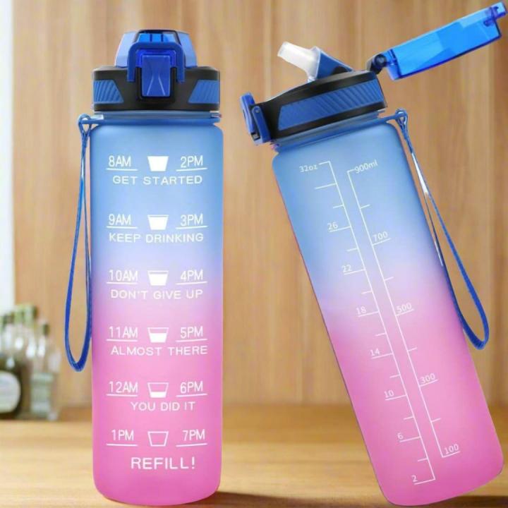 1 liter waterfles met tijdmarkeringen en rietje: Houd je gehydrateerd en gemotiveerd! - Blauw-paars