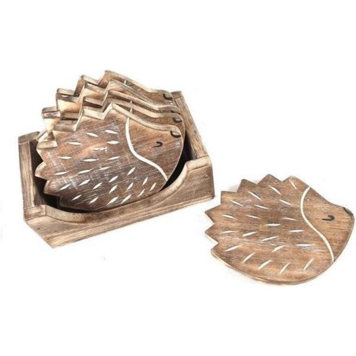 Woodart houten onderzetters egel 6 stuks in houder