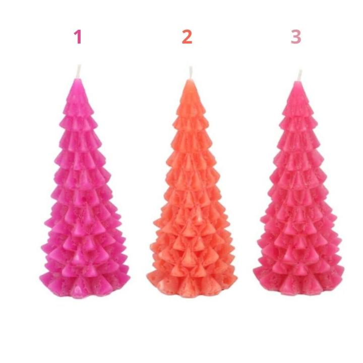 Kerstboomkaarsen in kleurrijk oranje en roze in 2 maten - Kersboom 1 / 16cm hoog