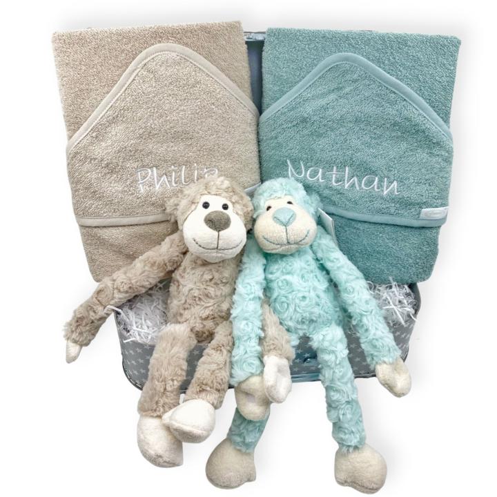 Tweeling Kraamcadeau koffer | Aapjes Beige & Groen